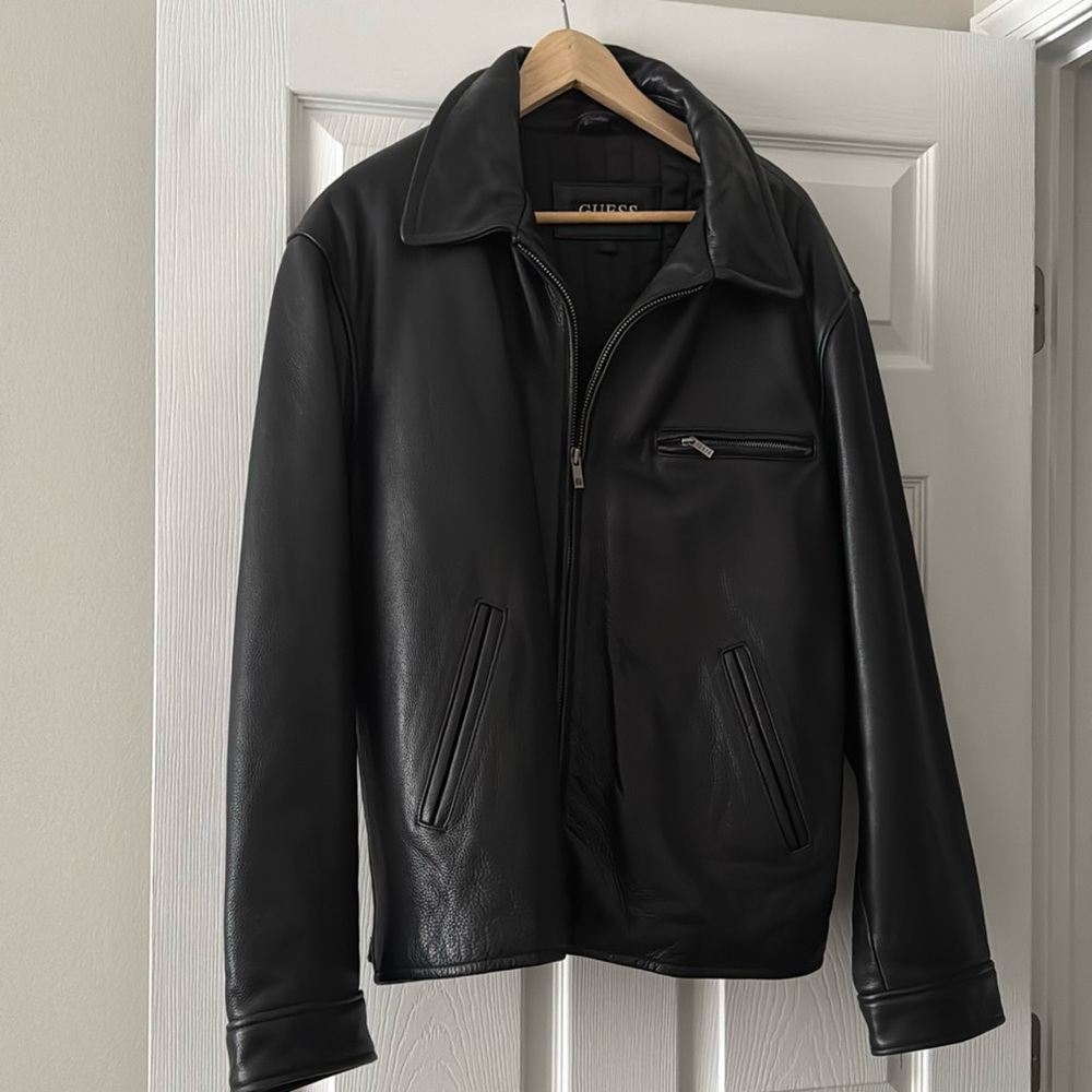 Men’s guess black leather jacket size large.
